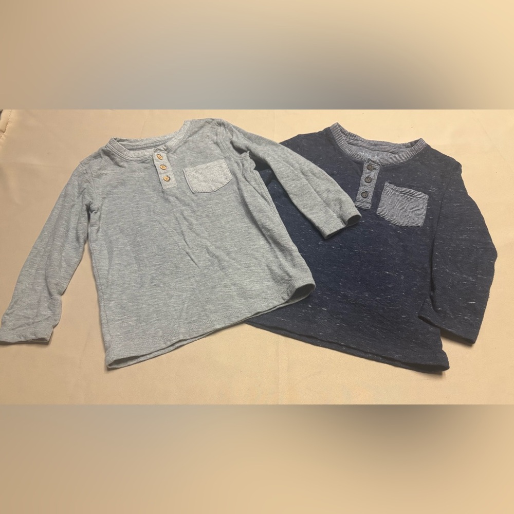 Set of 2 - Boys Cat & Jack Long Sleeve Shirts Sz 4T Blue Gray Pocket Crew Neck‎